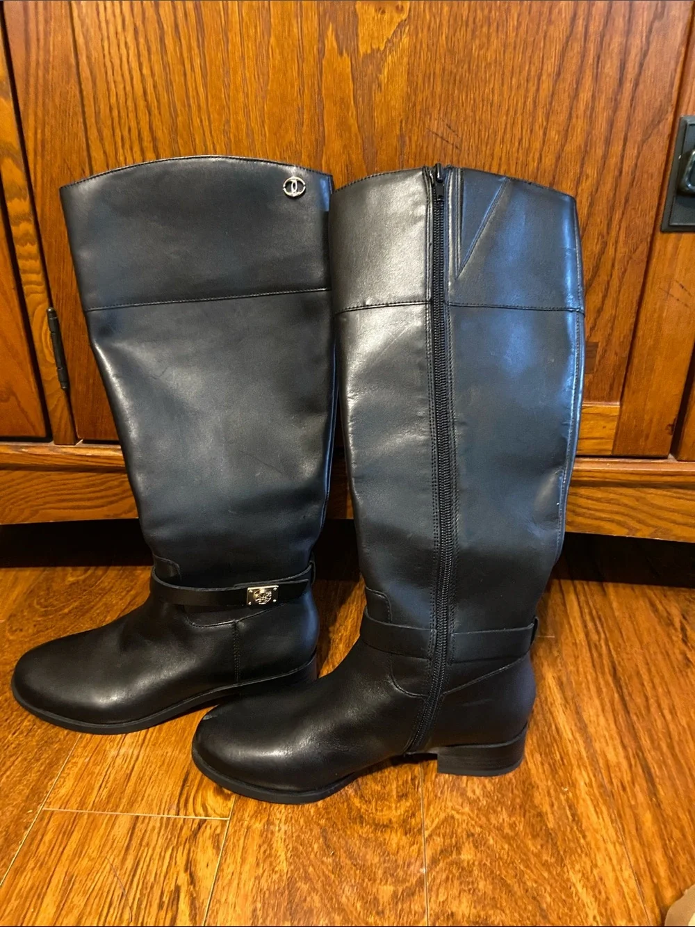 Black Leather Tall Riding Boots with Signature Hardware Charter Club Brand